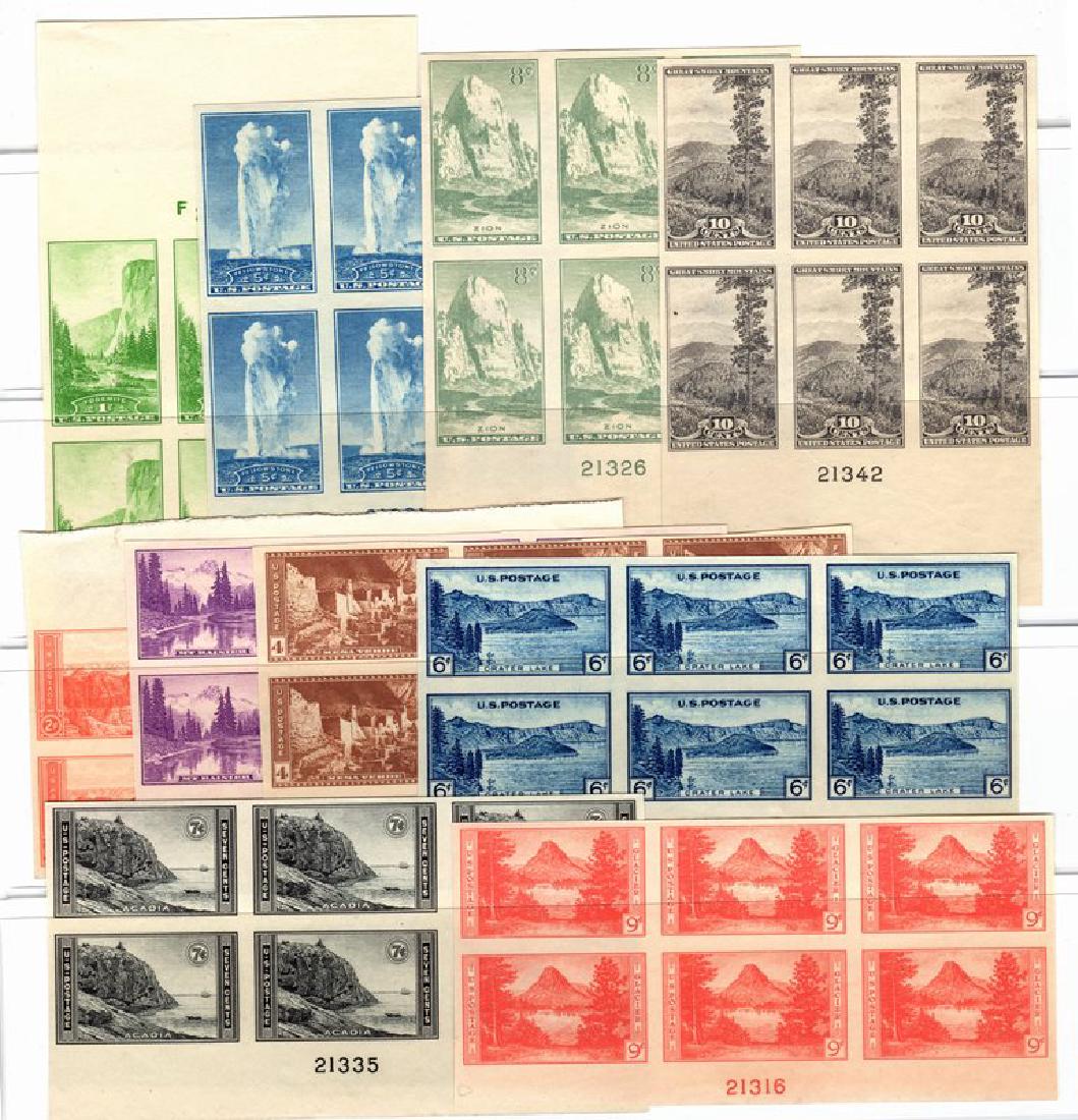United States Scott 756-765 Imperf Parks p#blocks of 6: Complete set of the imperforate National Parks plate blocks, Scott 756-765, Unused with no gum as issued. Generally VF-XF with hinge marks or hinge remnants. 2017 SCV.$274+