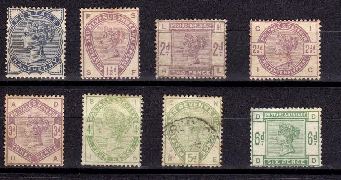 Great Britain Scott 98-105 Most Unused SCV.$2124: Very useful short set of 1883-1884 Queen Victoria issues, Scott 98-105 with 104 being used. Generally Fine or better centering. the 2p and 4p have no gum, the 6p value has a thin. Most are sound, some