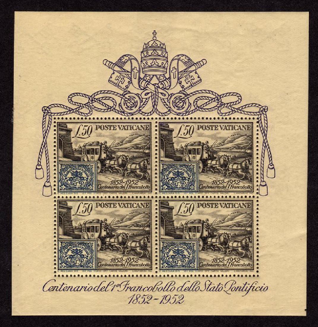 Vatican City Scott 155a VF OG NH S/S SCV.$160: 1952 sheet of 4, Scott 155a, Unused with VF centering, full fresh NH original gum. 2018 SCV.$160