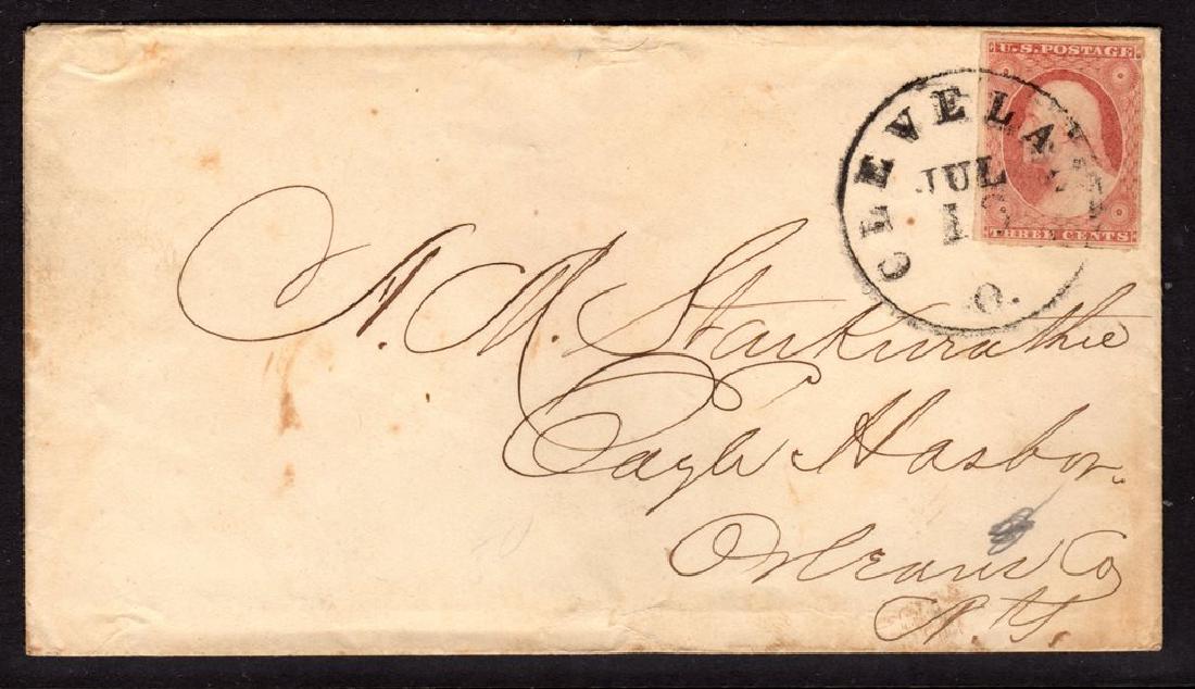 United States Scott 10A on cover Cleveland Ohio cds: Three cent orange brown, type II, U.S.Scott 10A, tied to cover by a black "Cleveland O Jul 13" circular cancel to New York. Minor damage on back flap. Stamp has 3+ margins with edges that appear not t