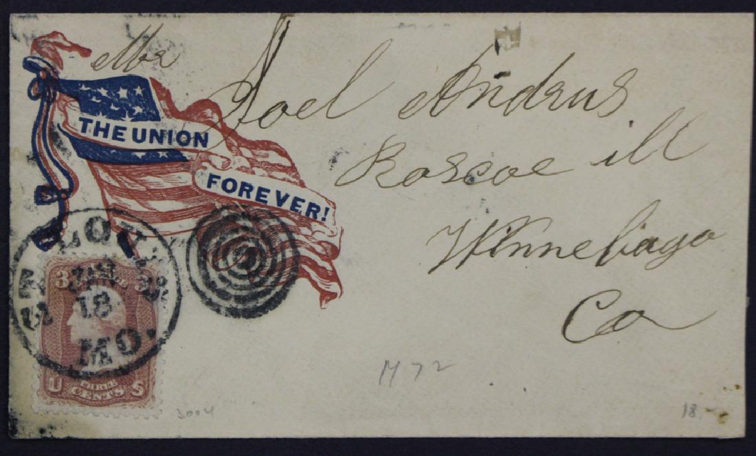 Mutli-color Flag and Ribbon Civil War Patriotic Cover: Scott #65, tied by St.Louis Missouri cds and black bullseye cancel to Winnebago County, Illinois. Most likely soldier mail cover. Black offset on reverse from prior mounting. Flag and ribbon cachet wi