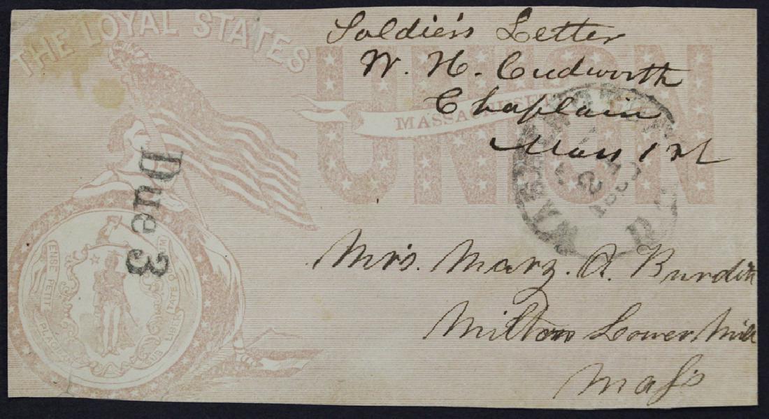 1862? Union Soldier's Mail to Massachusetts: Union, lady Liberty, flags all over design. Soldier's mail, chaplain of the 1st Massachusetts regiment, from Washington D.C. to Massachusetts. Indistinct 1862? cds postmark with Due 3 marking. Opened 