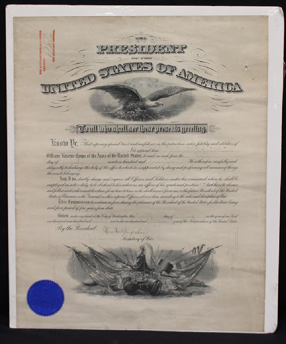 1917 Presidential Proclamation Signed by McCain,: Formal document, 16x20, proclaiming the promotion Marion Seiler to the rank of Lieutenant of the Dental Corp. The piece is signed at upper right by the adjutant general Henry P. McCain (great uncle of