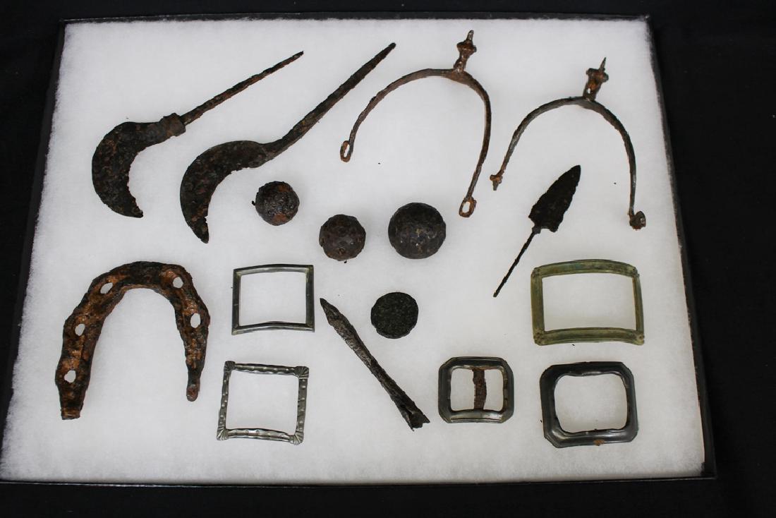 European Battlefields Dug War Artiifacts: Interesting lot of dug war artifacts from European battlefields. Noticed large shot, horse spurs and one horse shoe, spear points, hooked knives, belt buckles, even an old coin of some sort. Some of t