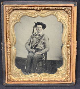 Confederate Soldier Ambrotype Glass Photo 1/6 plate: Outstanding image of a CSA soldier with gun at his side and bayonet across his chest. In as found estate condition. Suggested bid $400