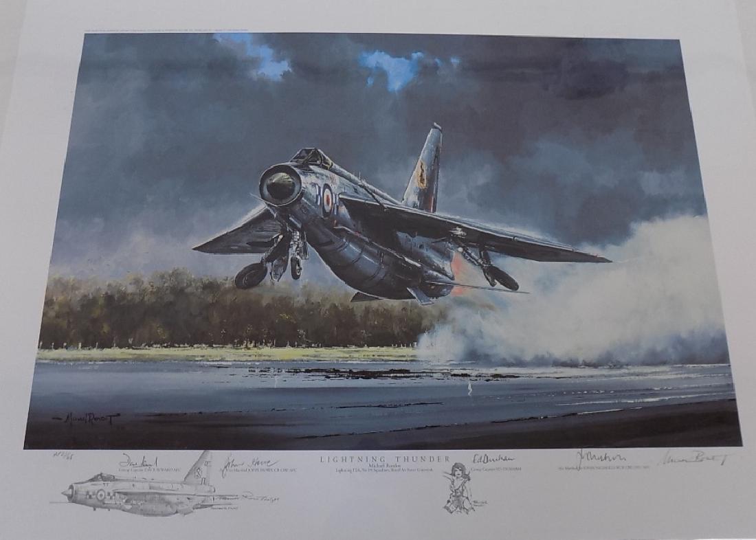 Lightning Thunder Military Print by Michael Rondot: Lightning Thunder Military Print by Michael Rondot Lightning F2A, 19th Squadron Signed & Numbered Remarqued with Pinup art. Group Captain DAVE SEWARD AFC, Group Captain ED DURHAM, Air Vice-Marshal JOH