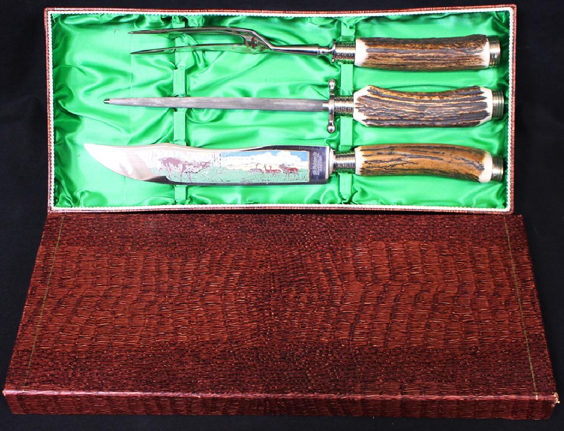 Rare Vintage Fr.Plucker Jr. Solingen Germany Rostfrei 3: Outstanding 3 piece stag handle knife set in the original box. Never used. Like new. Knife is 12.5" long. The blade has an elaborate etched multi-color design. The fork is etched as well. Suggested bi