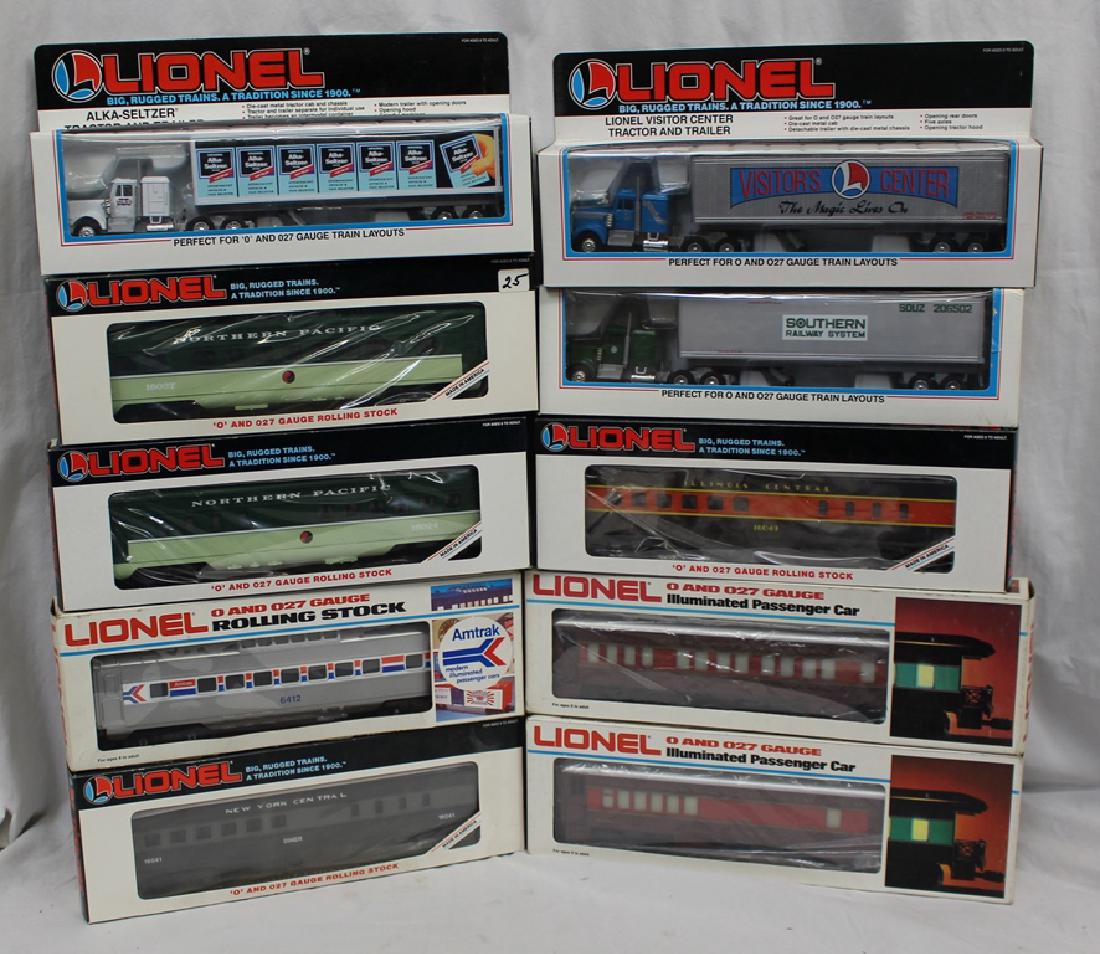 Lionel (7)Passenger Train Cars (3) Truck-Trailer Combos: Useful group of all NIB Lionel train cars and tractor trailer combinations. Train cars include 6-9556, 6-9557, 6-16037, 6-16024, 6-16041, 6-6411 and 6-16049. The three tractor trailers are 6-12860, 6-