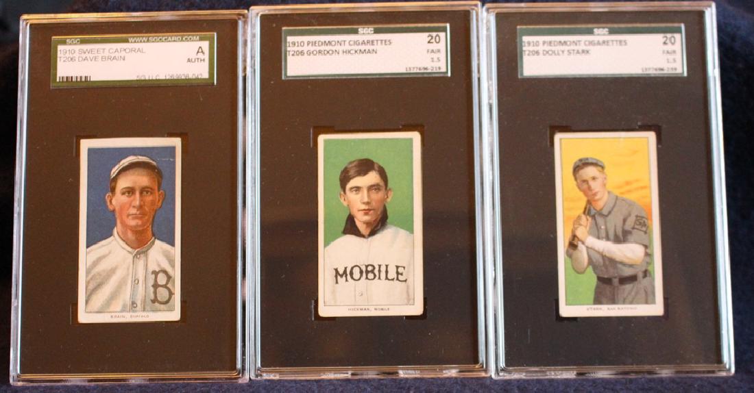 (3)1909-1911 T206 Baseball Cards All SGC graded: Useful group of either Piedmont or Sweet Caporal back T206 cards incl. Hickman graded SGC20, Stark graded SGC20 (both Piedmont) and Dave Brain graded SGC "A" Sweet Caporal back. Suggested bid $80