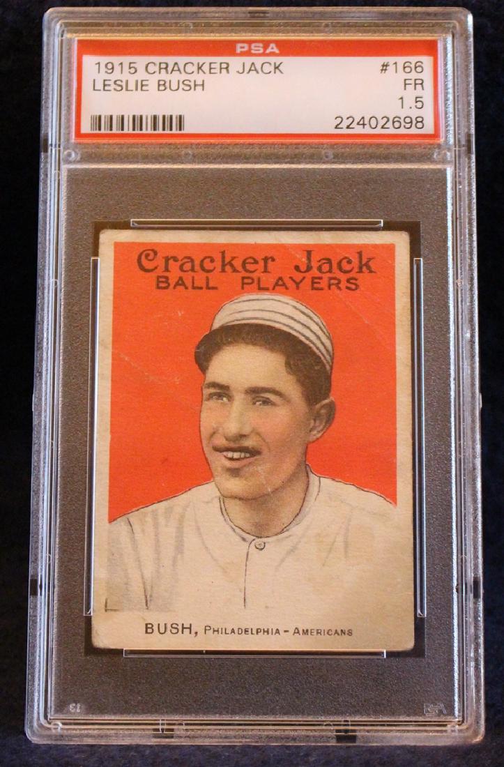 1915 Cracker Jack #166 Leslie Bush PSA 1.5 Fair: Seldom seen, 1915 Cracker Jack #166 Leslie Bush, Philadelphia Americans, graded PSA 1.5 Fair. Suggested bid $75