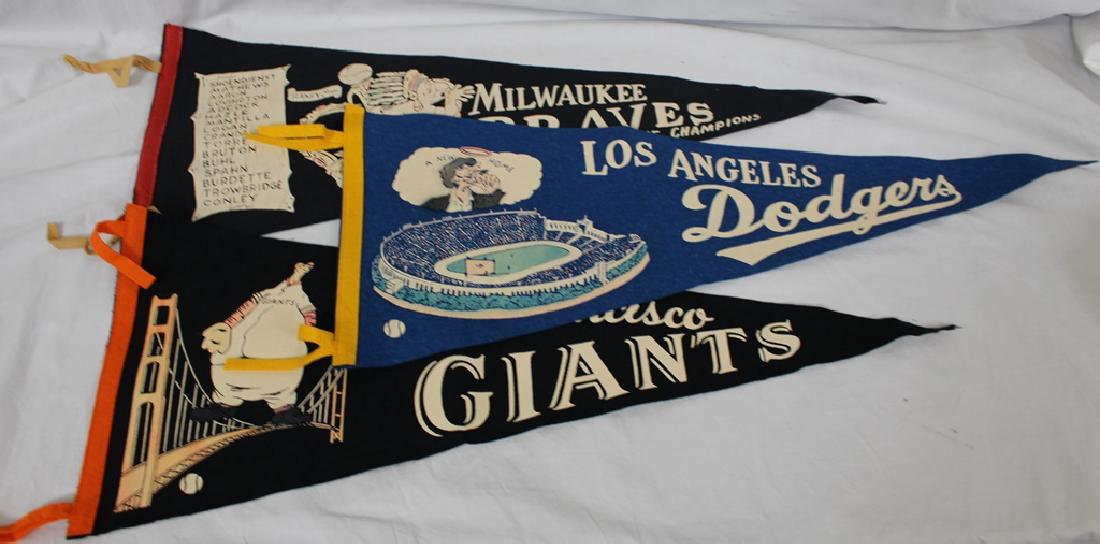 (13) Vintage Major League Baseball Pennants w/Better: Very useful lot of (10) full size and (3)3/4 size major league baseball pennants. Most 1960-70 era pennants with a few earlier. Most are in high quality condition, a few have minor issues. Well worth 