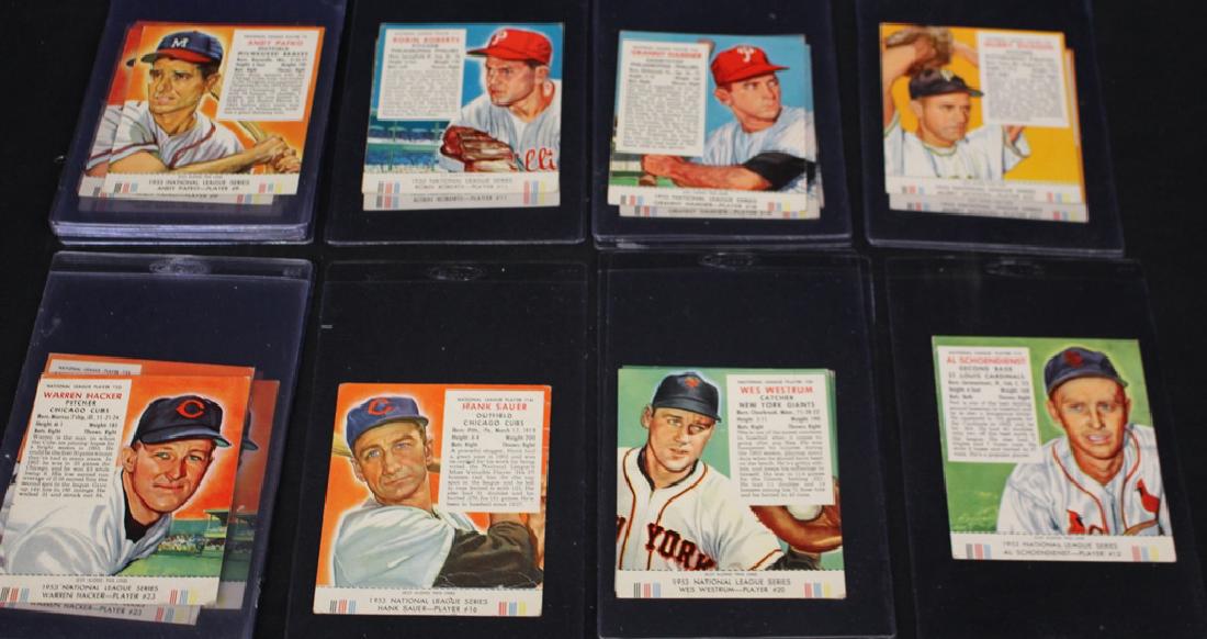1953 National League Red Man Tobacco Baseball Lot (27): Useful lot of (8)different players, (27) total. All with tabs and generally VG-EX. Group includes singles of Schoendienst and Sauer, (2) of each of Westrum, Roberts, Dickson, (3) of Hamner, (6)Warren 