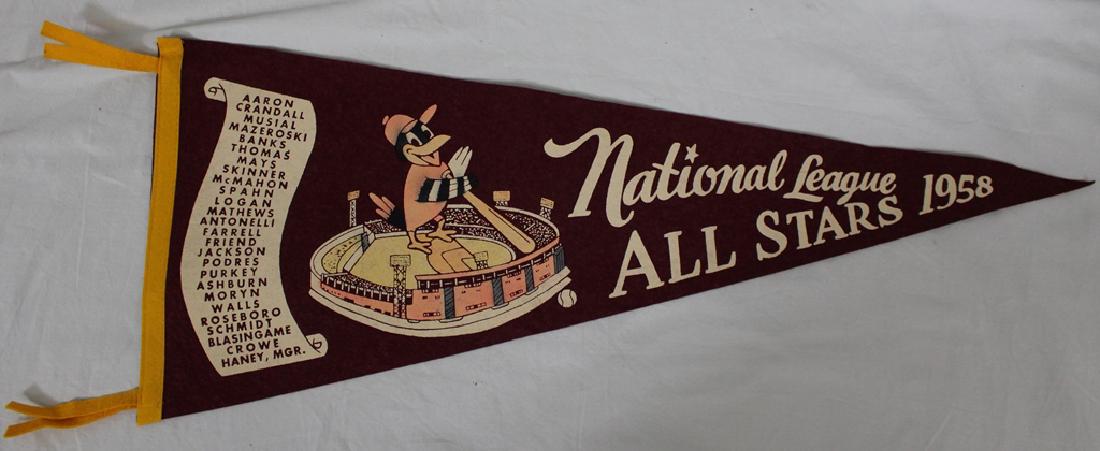 1958 National League All Star Pennant NRMT: Outstanding scroll pennant made for the 1958 National League All Star Team with the roster in the Scroll. Game was played at Memorial Stadium in Baltimore so an Oriole is perched above the stadium. NR