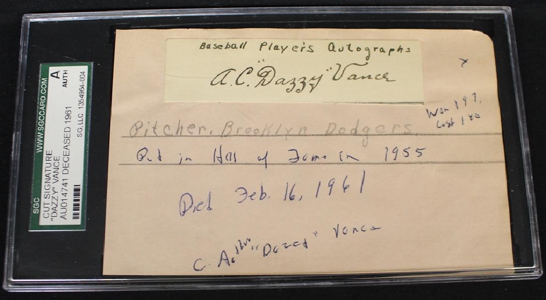 Rare A.C. Dazzy Vance signature cut SGC Authentic: Rarely seen Hall of Fame pitcher, A.C. "Dazzy" Vance d.1961, signature cut that then was pasted onto a 3x5" homemade stat sheet. The signature is bold and 2.5" in length. SGC authenticated. Pick these