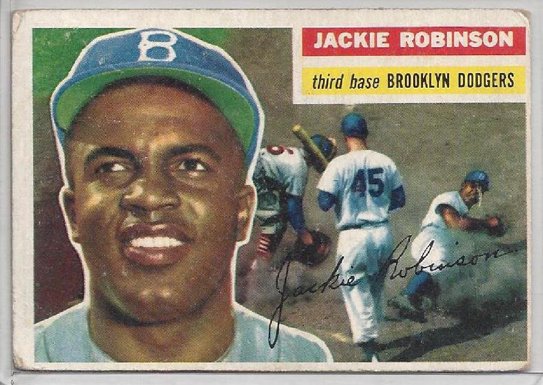 1956 Topps #30 Jackie Robinson Card: 1956 Topps #30 Jackie Robinson Card; overall condition is Good+/VG; softer corners with slight paper separation; still good coloring and clean back side.