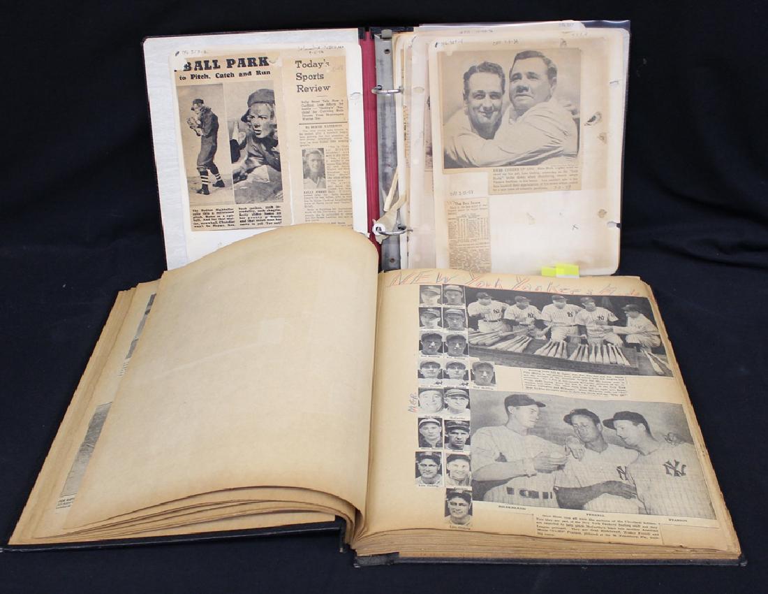 Old Baseball Scrap Book with Great Clippings: Old time baseball newspaper clippings scrap book. Much N.Y. Yankees with two fo the most famous Lou Gehrig images incl. himself with Babe Ruth and the other of himself n the dugout steps after benchin