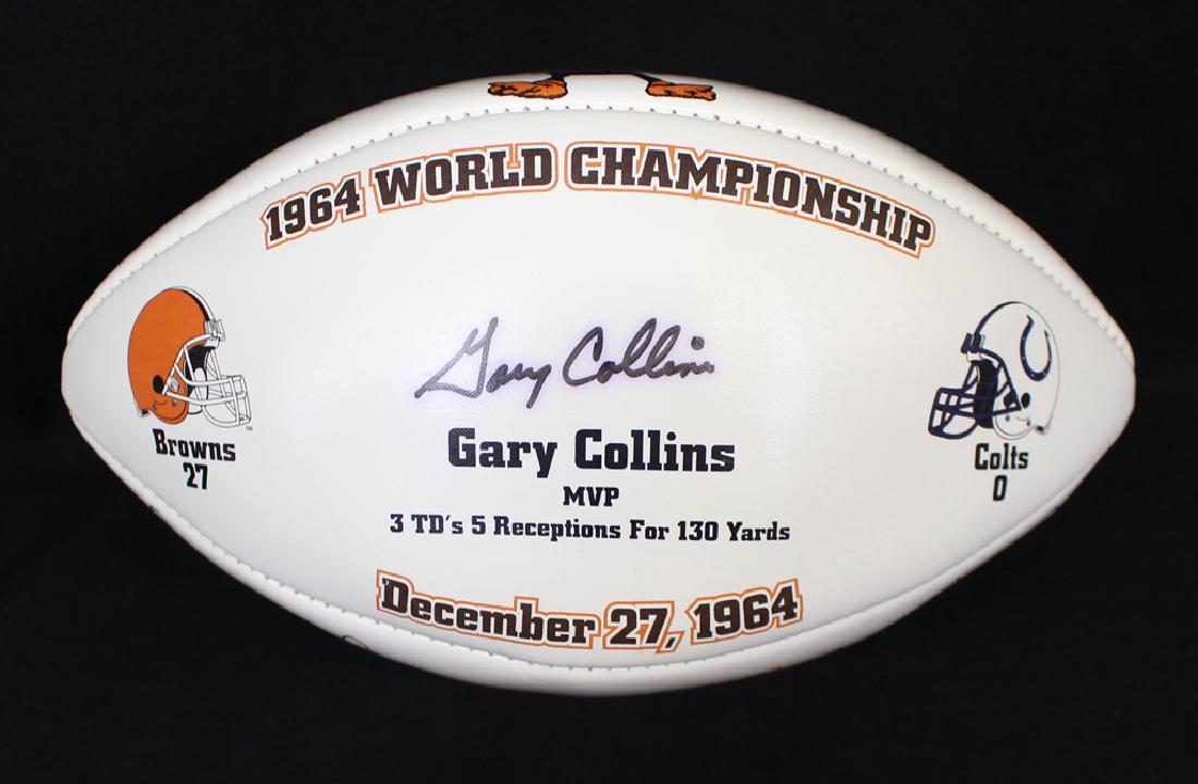 Gary Collins Autographed Commemorative Football: Gary Collins autographed commemorative football titled "The Postman Ring Thrice" with the (3)pass patterns showing the routes that Gary ran and caught the three passes that clinched the Browns 27-0 vi