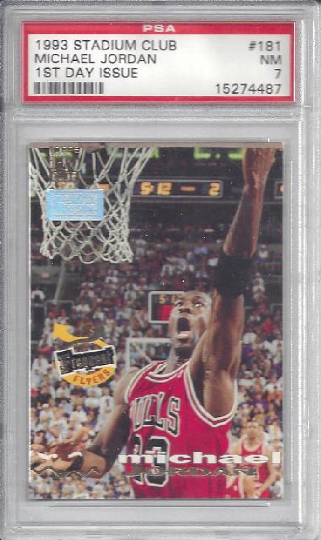 1993 Stadium Club #181 Michael Jordan Card, PSA Graded: 1993 Stadium Club #181 Michael Jordan Card, PSA Graded NM 7; gorgeous Jordan card issued in 1993 by Stadium Club - 1st Day Issue; card has been graded by PSA as NM 7.