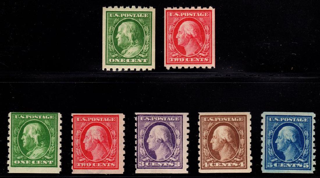 United States Unused Selection Scott 390-396 F OG: 1910-1913 perf 8.5 coil single set, Scott 390-396, Unused with Fine or better centering, original gum, previously hinged. 2018 SCV.$299+