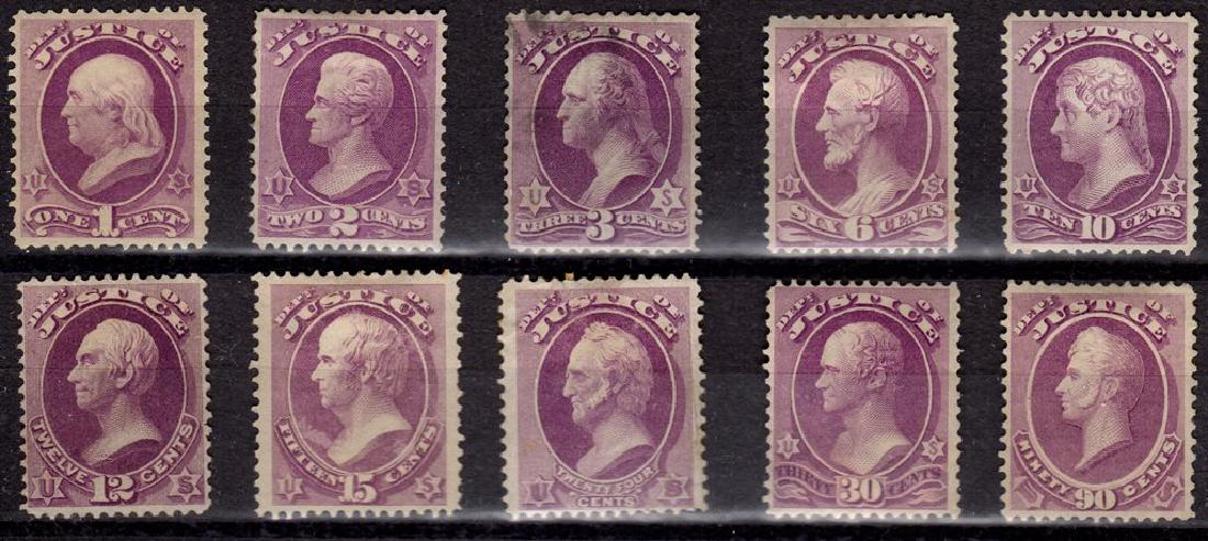 United States Scott O25-O34 Fine+ OG & One Used: Complete set of 1873 U.S. Justice Department officials, Scott O25-O34, All are unused except the 3¢ value which is used. Scott O30-O32 either have no gum or counted as no gum, the balance have previo