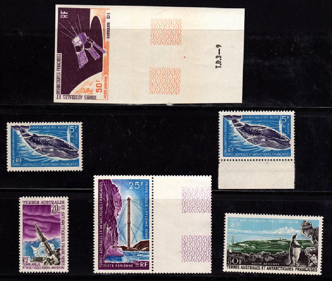 French Southern & Antarctic Territories Unused: Small but useful selection of (6) unused stamps, all MNH including Scott (2)25,29,C11,c12,C14. Fresh lot. C11 is an imperf margin single. 2018 SCV.$330+