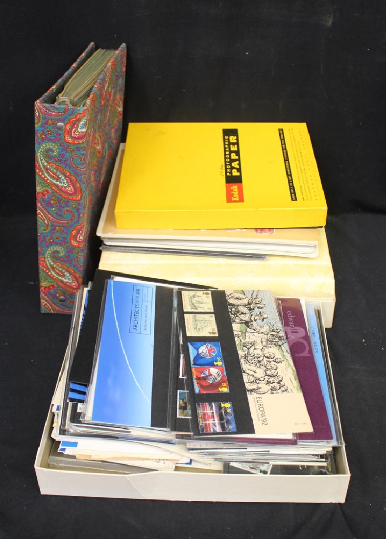 Great Britain Stamp Collection Accumulation: Many hundred stamps, unused and used, in albums, on pages, in glassines, boxes, etc. Wide range of issues from bundleware to Royal Mail post office packs, sets and single in a binder with scattered be