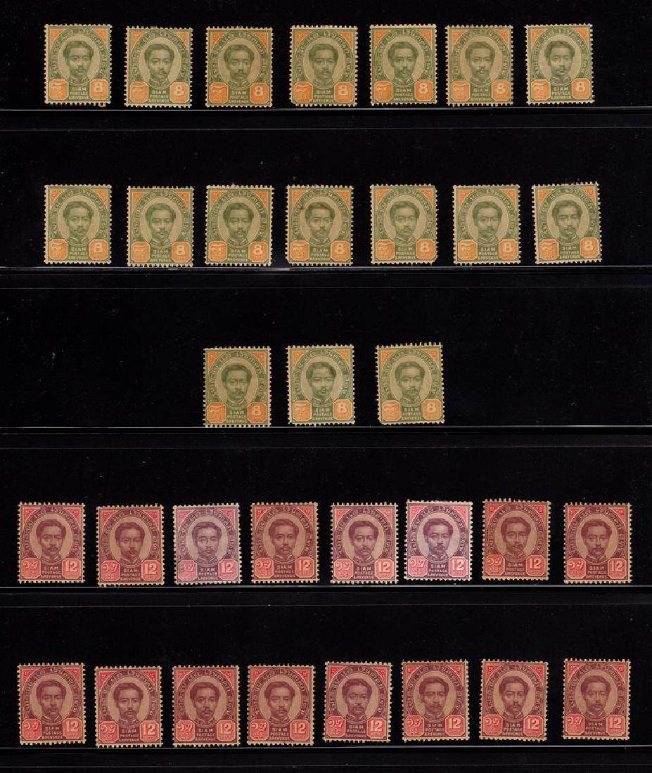 Thailand Scott (17)15 and (16)16 on Stockpage SCV.$460: Useful lot of two different earlies in quantities incl. Scott 15 of which there are 17 stamps and Scott 16 of which there are 16 stamps. Most have toning and tropicalized gum. 2018 SCV.$480