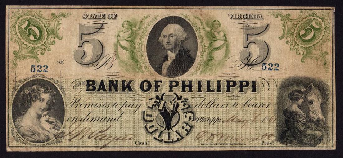 1861 $5 The Bank of Philippi, (West) Virigina Obsolete (1 of 2)