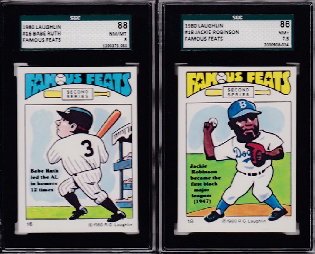 1980 Laughlin Famous Feats #16 Ruth/#18 Robinson, SGC: 1980 Laughlin Famous Feats #16 Ruth/#18 Robinson, SGC Graded; great pair of 1980 Laughlin Famous Feats cards featuring two baseball greats; both are second series and include #16 Babe Ruth SGC graded 