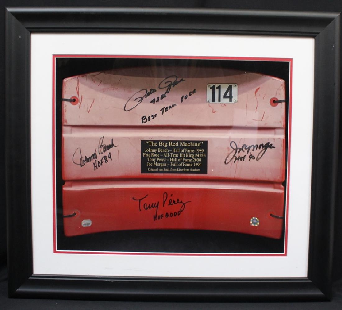 Cincinnati Reds Big Red Machine Signed Seat Back from: This authentic Riverfront (1970-2003) Stadium seat back has been personally hand signed by the Big Red Machine, which consisted of: Joe Morgan "HOF 90", Johnny Bench "HOF 89", Tony Perez "HOF 2000", a