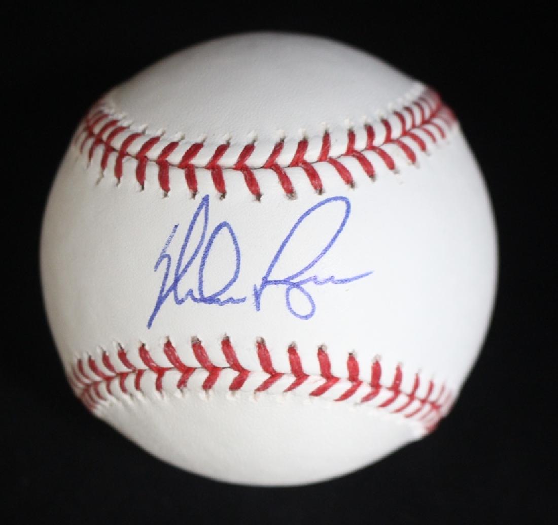 Nolan Ryan autographed Bud Selig baseball: Nolan Ryan single signed baseball on the sweet spot of an OAL Bud Selig baseball. One of the nicest Nolan Ryan balls we've offered. Comes with a JSA ALOA. Suggested bid $100