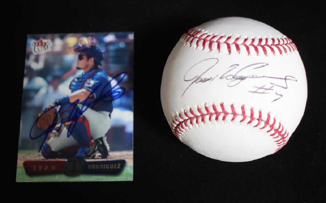 Ivan Rodriquez autographed Bug Selig baseball & card: Signed on the sweet spot . Clean signature on a pure white Bud Selig baseball and autographed card. Nice pair of "Pudge" items. Comes with a JSA ALOA. Suggested bid $100