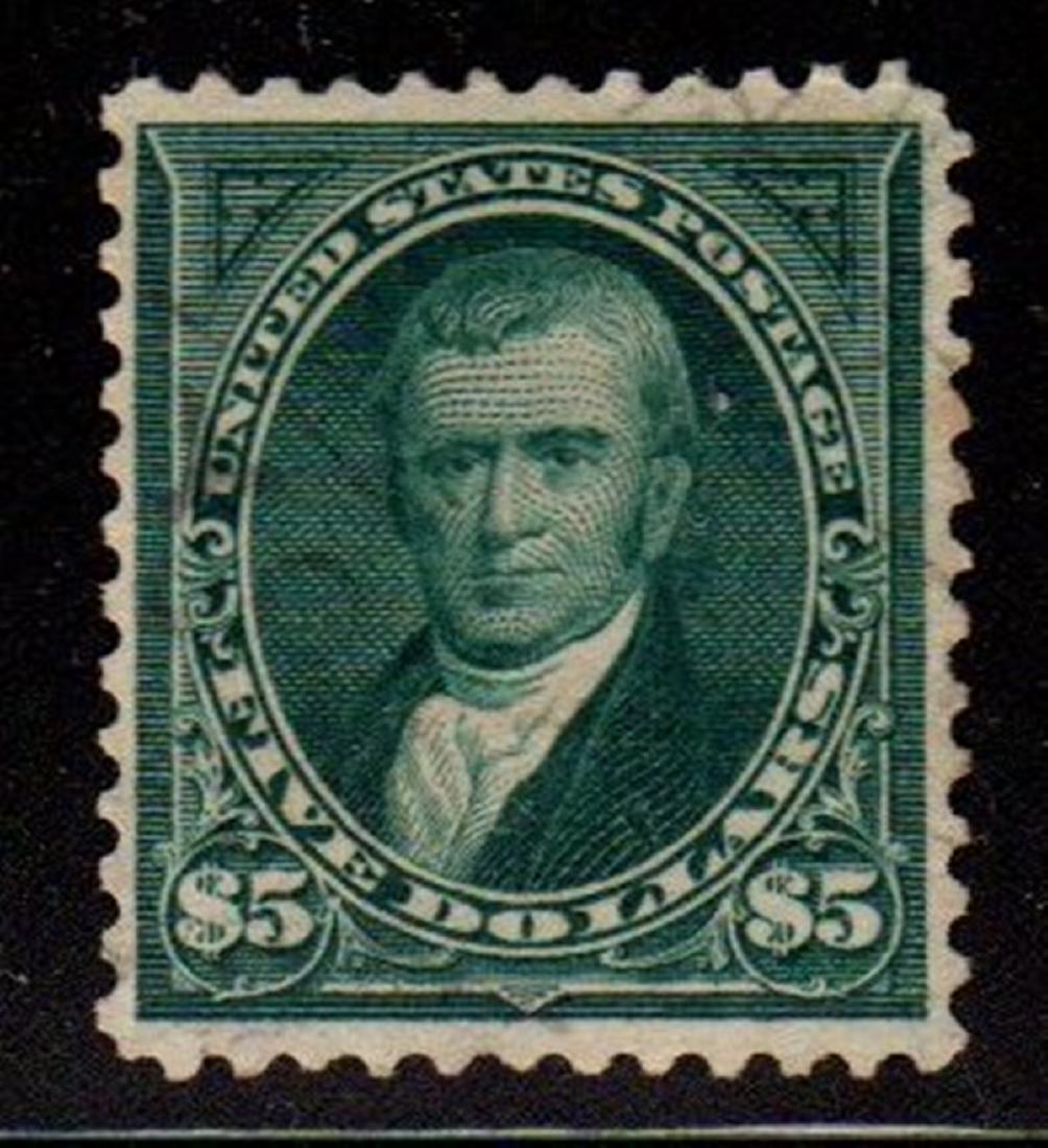 United States Scott 278 VF Used $5 Marshall SCV.$600: $5 dark green 1895 John Marshall issue, Scott 278, Used with VF centering, very lightly cancelled. Seldom seen this nice. A little gem. 2018 SCV.$600