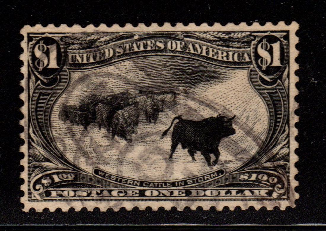 United States Scott 292 VF Used $1 Cattle in the Storm: $1 black 1898 Cattle in the Storm issue, Scott 292, Used with VF centering, light dual registry cancels. 2019 SCV.$700