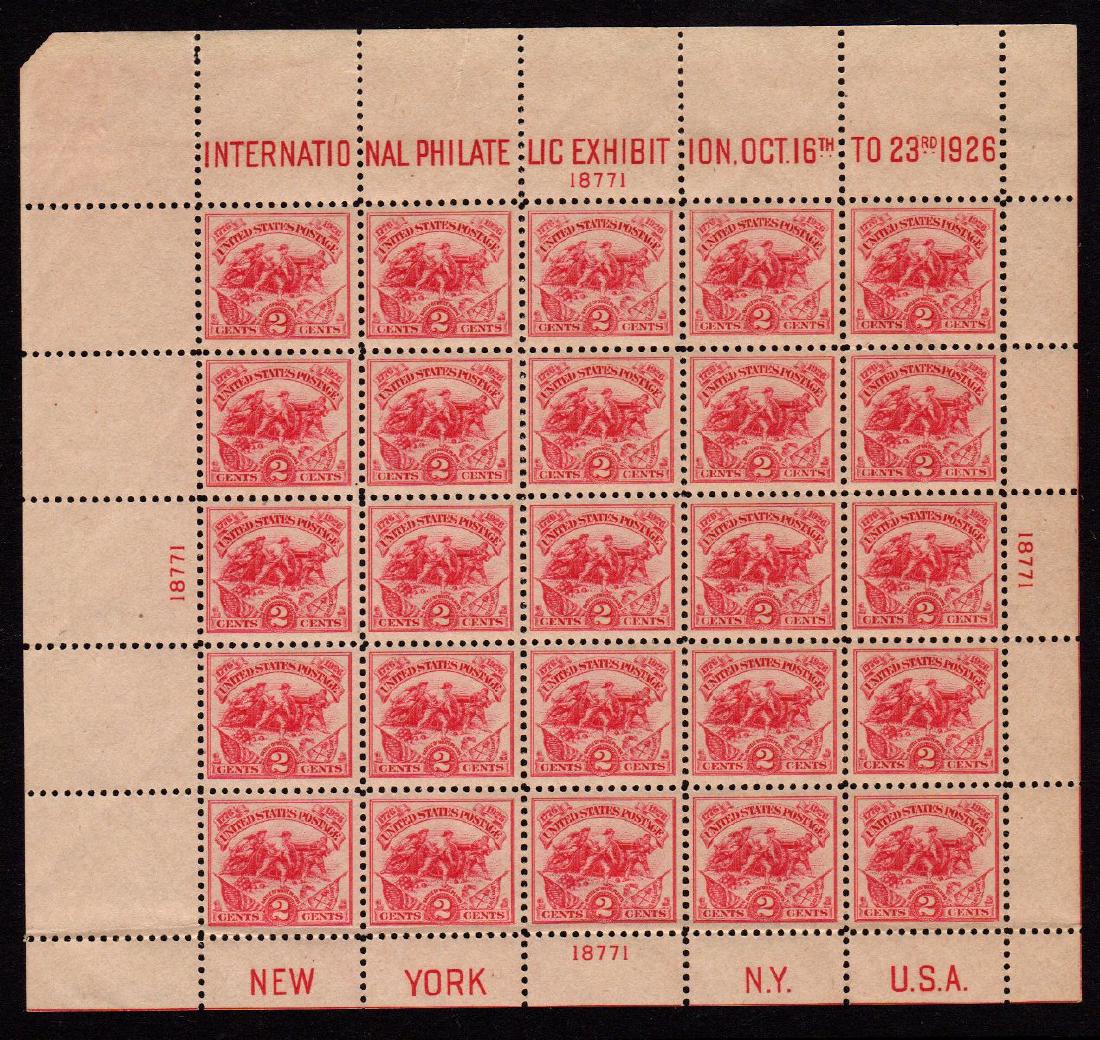 United States Scott 630 VF OG NH SCV.$575: 2¢ carmine rose White Plains sheet, Scott 630, Unused with VF centering, full never hinged original gum. Margin tear at top above the "NAL PHILATE" margin tab and some perf seps as the same point. St