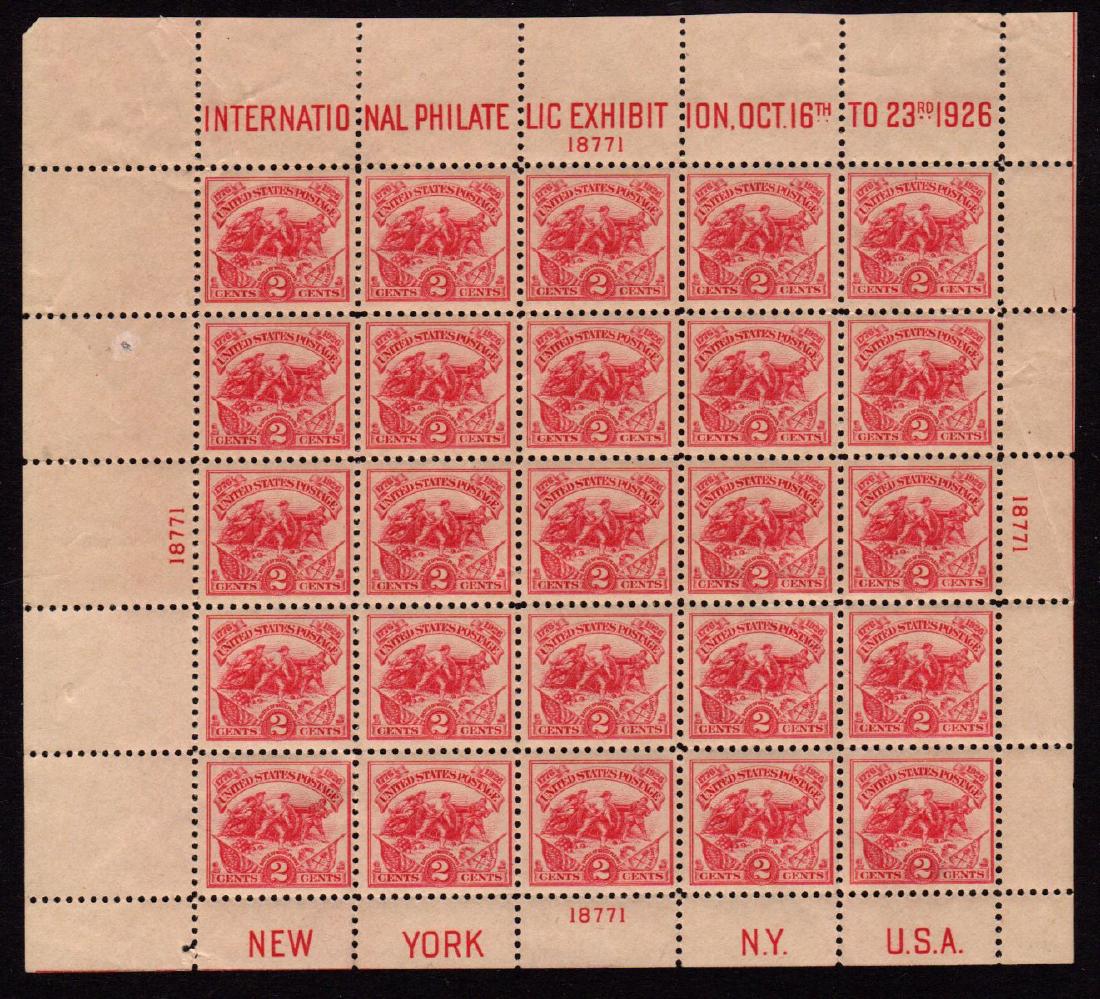 United States Scott 630 F-VF OG H White Plains SCV.$325: 2¢ carmine rose White Plains sheet of 25, Scott 630, Unused with F-VF centering, previously hinged, thin, natural gum crease and numerous perf seps along bottom margin, one that goes between the stam