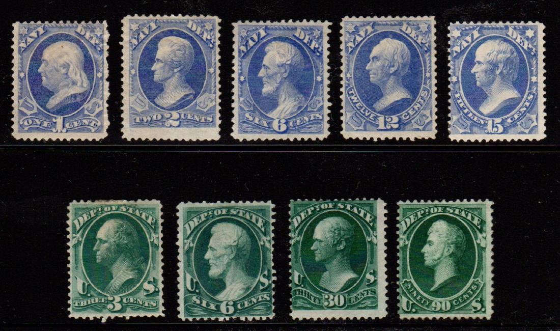 Unused U.S. Officials Lot O35//O67 SCV.$3155: (9) different unused officials, all with original gum. Lot includes Scott O35,O36,O38,O41,O42,O59,O60,O66 and O67. Centering ranges from Ave-F to Fine. Most are been heavy hinged or have disturbed ori