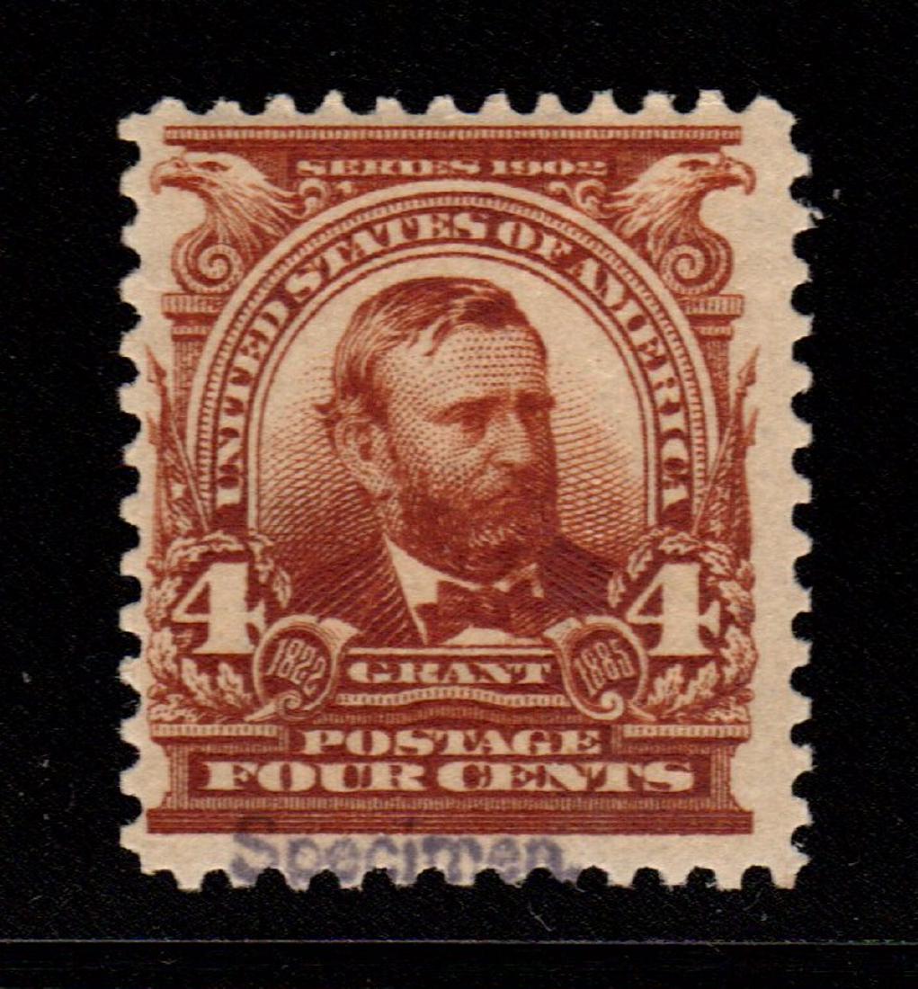 United States Scott 303S-E Fine OG LH SCV.$150: 4¢ brown 1902 Grant specimen issue, Scott 303S-E, Unused with Fine centering, very lightly hinged original gum. Comes with a 2015 PF certificate that states "It is genuine, previously hinged". 2019 S