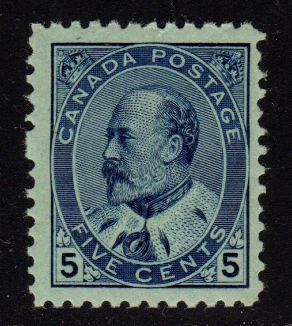Canada Scott 91 F-VF+ OG NH 5¢ King Edward III SCV.$625: 5¢ blue on blue paper, Scott 91, Unused with F-VF+ centering, full never hinged original gum, one unpunched perf. Just a delightful, fresh stamp. 2018 SCV.$625