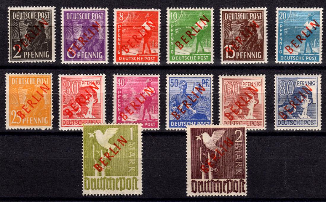 Berlin Scott 9N21-9N34 F-VF OG NH set SCV.$1000: Complete set of the red Berlin Overprints, Scott 9N21-9N34, Unused with F-VF centering, never hinged original gum although most have offsets on back as this set may have slightly stuck together at one