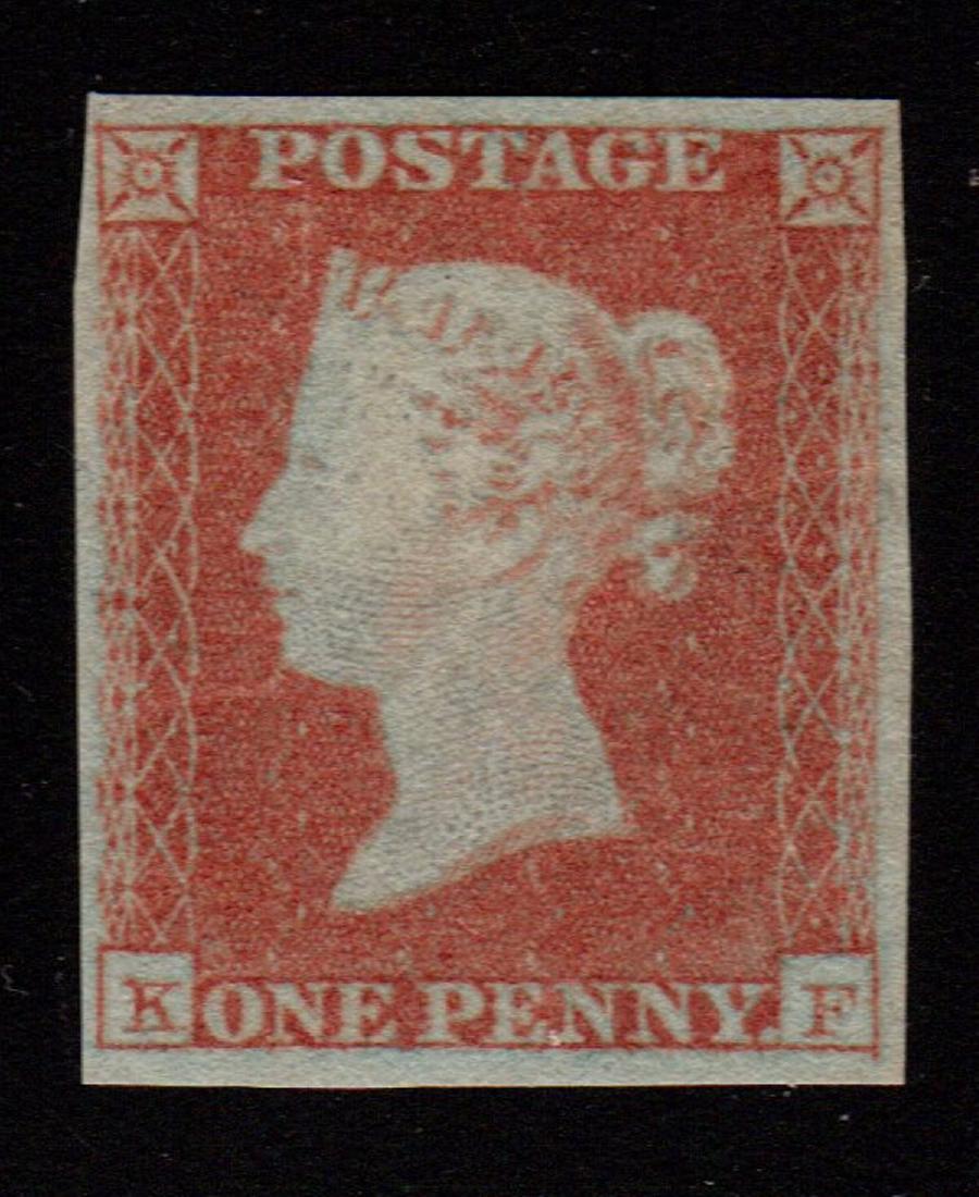 Great Britain Scott 3, SG9 XF OG LH Penny Red SCV.$625: 1d pale red-brown (worn plate), Scott 3, XF margins for this, lightly hinged original gum. Initials KF. Lovely, mint stamp. 2019 SCV.$625