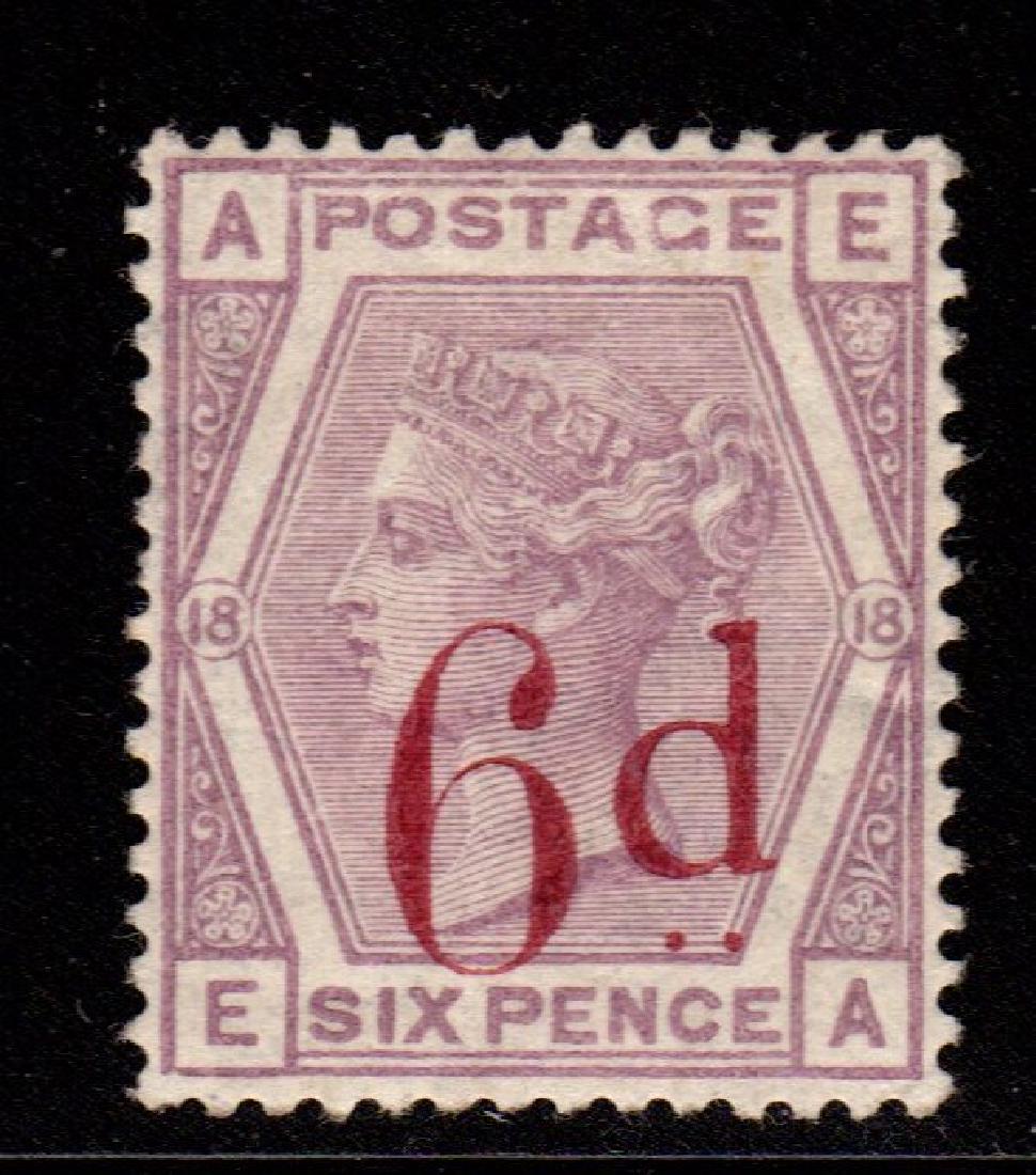 Great Britain Scott 95 VF OG H 1883 6p on 6p issue: 6p on 6p violet 1883 issue with carmine overprint, Scott 95, SG162, Unused with VF centering, previously hinged original gum, very mild diagonal bend. 2019 SCV.$675