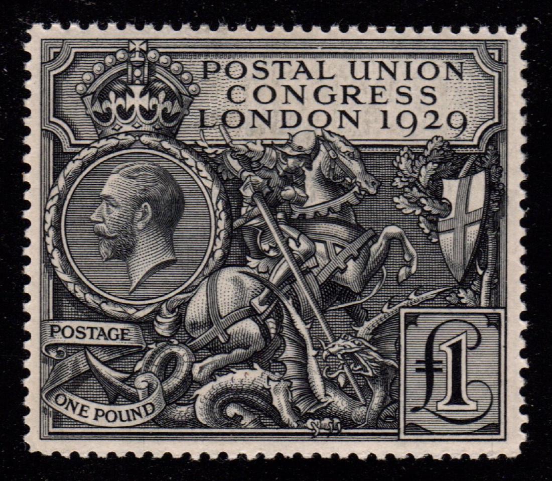 Great Britain #209 (SG #438) VF VLH - 1929 Â£1 UPU -: Rarely seen unused 1929 Postal Union Congress £1 value, Scott 209, Unused with VF centering, very slightly toned very lightly hinged original gum. A very nice example of a rare stamp. 2018 SCV.$800