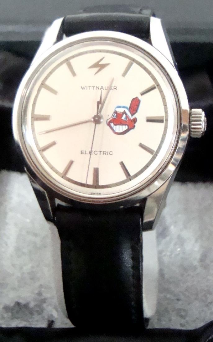 Cleveland Indians "In Appreciation" Wittnauer Wrist: Cleveland Indians "In Appreciation Wittnauer Wrist Watch; black leather band accompanies this Cleveland Indians wrist watch made by Wittnauer; electronic watch with engraved back side reading "Clevela