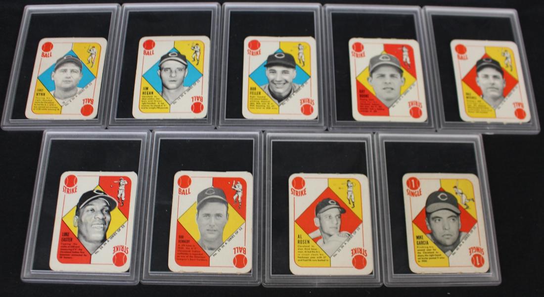 (9)diff. 1951 Topps Red Back Cleveland Indians cards: Very useful group of (9)diff. 1951 Topps Red Back Cleveland Indians cards with Wynn, Hegan, Feller, Boone, Mitchell, Easter, Kennedy, Rosen and Garcia. All are EX to NRMT. Good group. Suggested bid $1