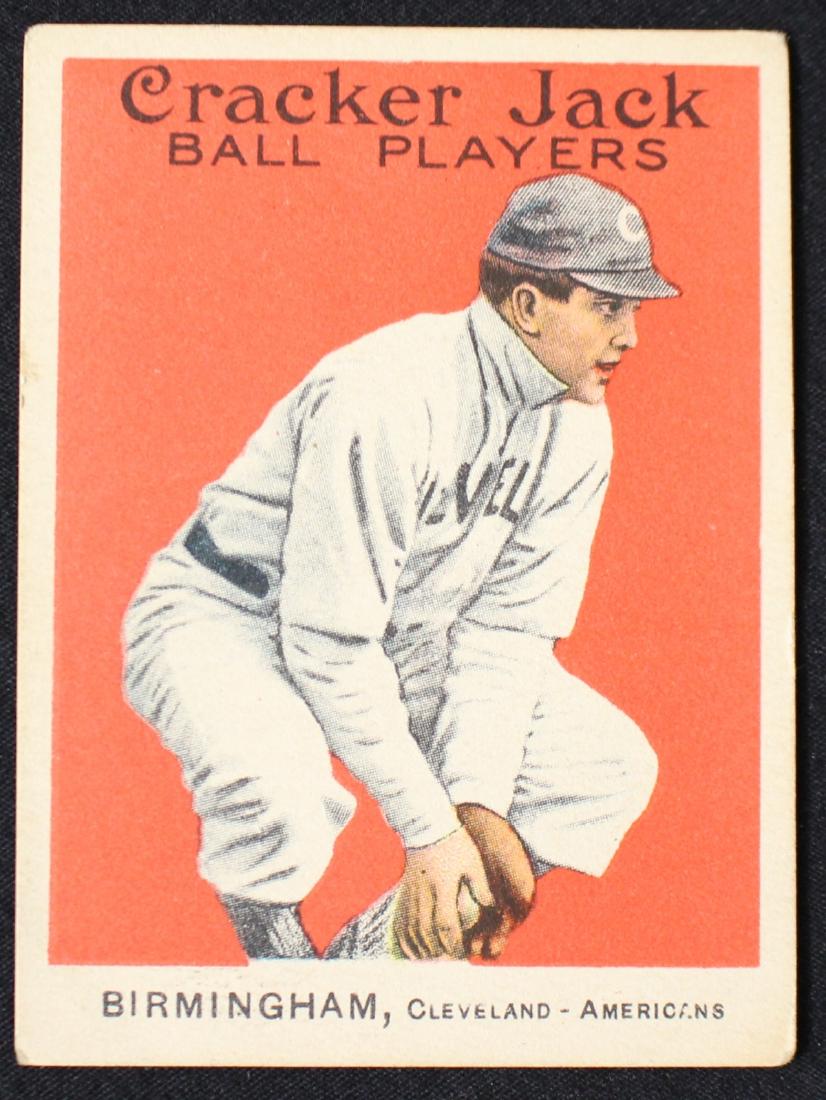 1915 Cracker Jack E145 #106 Joe Birmingham VG-EX: A very nice, well centered card with great color. 1915 Cracker Jack E145 #106 Joe Birmingham with slightly rounded corners, otherwise no problems. VG-EX. Suggested bid $150