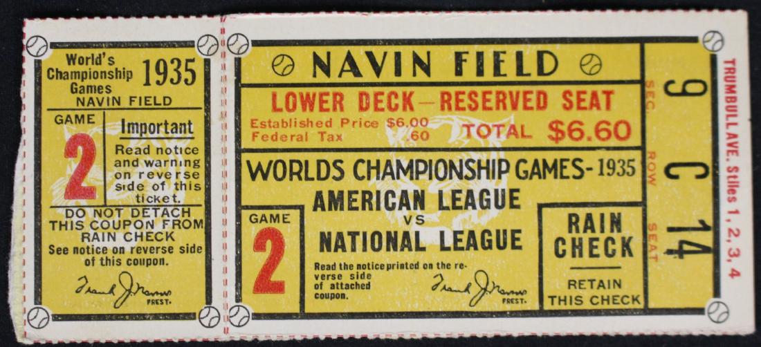1935 Game 2 Detroit Tigers Navin Field World Series: Very clean ticket for it's age with no creases. The rain check is starting to become detached but otherwise in VF condition. Game was played between the Detroit Tigers and the Chicago Cubs. The Tigers