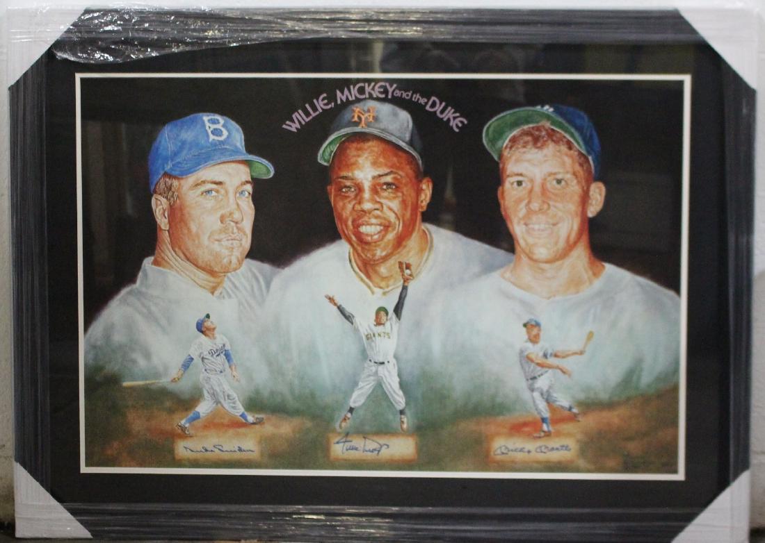 Willie Mickey and the Duke David Millman signed print: Featured is a lithograph of Duke Snider, Willie Mays, and Mickey Mantle. This is an original piece created by artist David Millman. These legendary New York outfielders scored a combined total hit of 