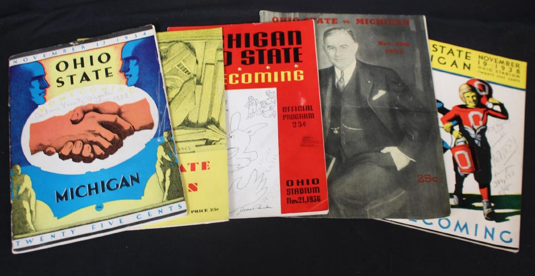 Ohio State Buckeyes vs. Michigan Programs 1934-1938: Decent five year run of Buckeyes vs. the Wolverines football programs from 1934-1938 inclusive. These are generally VG-EX condition wise mainly due to pencil or pen marks on the front of each and by s