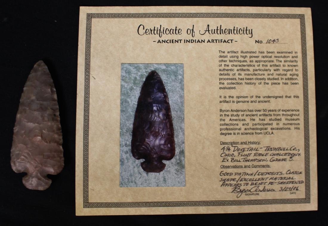 4-1/4" Dovetail Point Trumbull Co. Ohio Flint Ridge: 4-1/4" dovetail point from Trumbull Co. Ohio Flint Ridge Chalcedony Ex-Bill Thompson collection, Grade 8 with a certificate from Byron Anderson. He notes "Good patina/deposits, classic shape, excellen